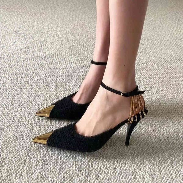 

dress shoes high heels black winter pointed metal chain sandals women's one line buckle stiletto shoes cg9x