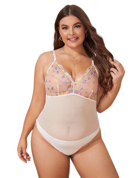 

plus floral embroidery cut-out back teddy bodysuit n4no#, Black;white