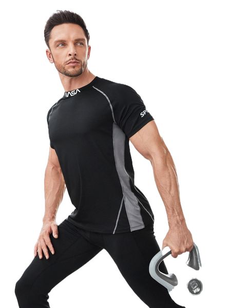 

men colorblock letter graphic raglan sleeve stitching sports tee o2v1#, White;black