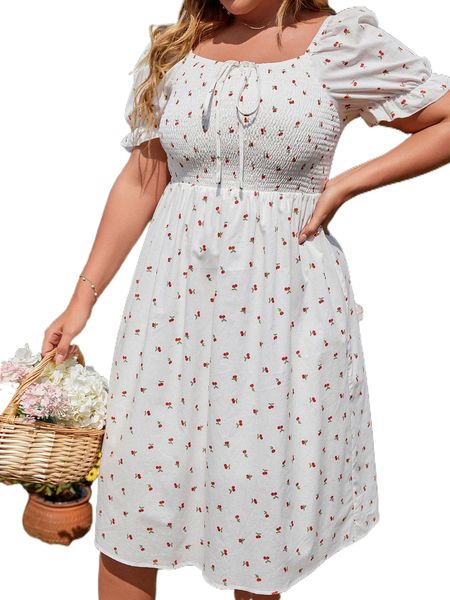

plus cherry print shirred puff sleeve a-line dress e1xk#, Black