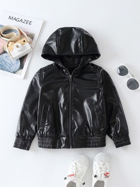 

toddler boys zipper hooded pu leather jacket she01, Blue;gray