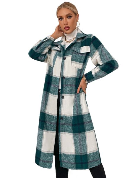 

plaid flap pocket drop shoulder longline tweed overcoat z2r3#, Black