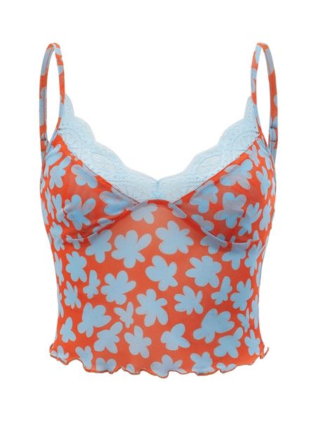 

x tartagain floral print lettuce trim contrast lace cami z4u0#, White