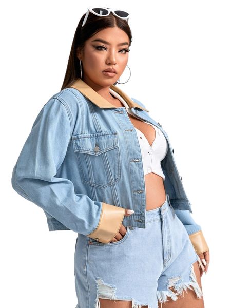 

plus contrast collar flap pocket denim jacket 453d#, Black;brown