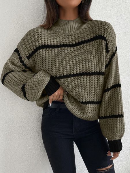 

striped mock neck drop shoulder sweater y28y#, White;black