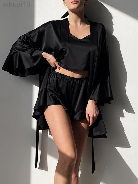 Hiloc Black Satin Sexy Nightwear Set Woman 3 Piece Dirble Shorts Женские сетки