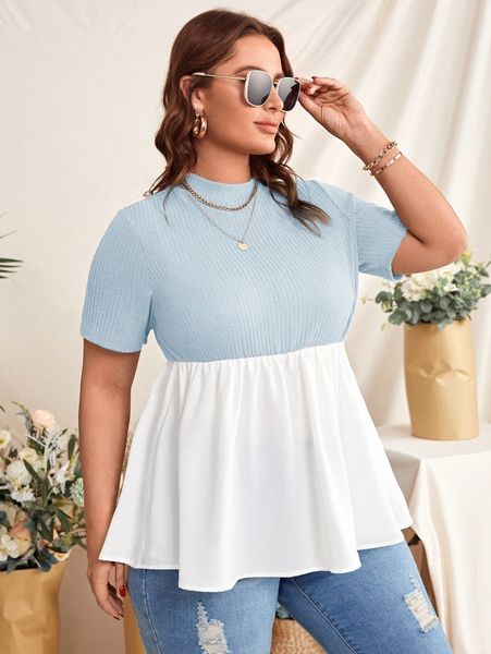 

plus mock neck colorblock ruffle hem e8jf#, Black