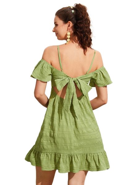 

mod cold shoulder knot front ruffle hem dress t4if#, Black;gray