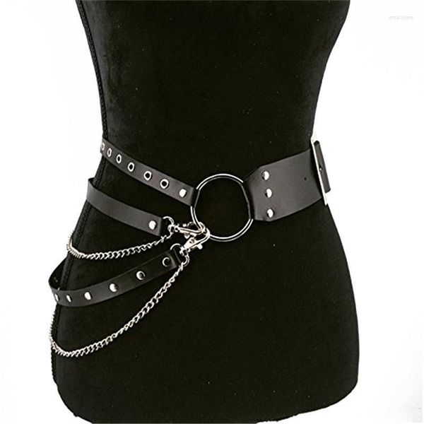 Cinture Moda Donna Punk gotico Cintura in vita Catena Cerchio di metallo Anello Design Argento Fibbia ad ardiglione Cintura in pelle nera Jeans CintureCinture Smal22