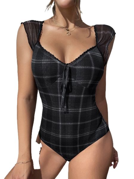 

plaid print lace trim knot front bodysuit k41y#, White