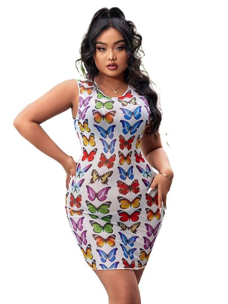 

plus butterfly print mesh bodycon dress r1dm#, Black