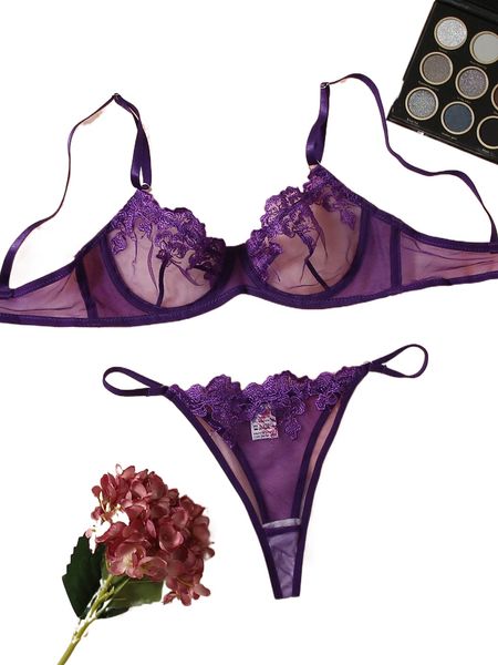 

floral embroidery mesh underwire lingerie set v543#, Black;red