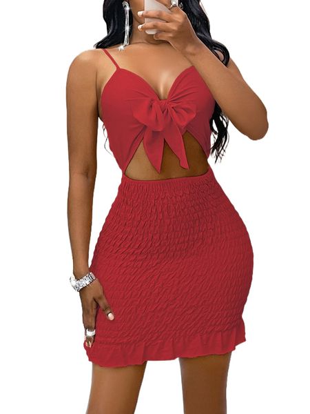 

knot front cut out shirred ruffle hem cami dress e6p5#, Black;gray
