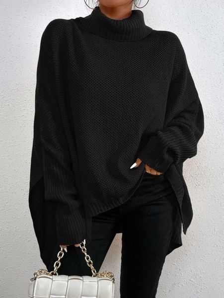 

funnel neck batwing sleeve high low sweater 87h5#, White;black