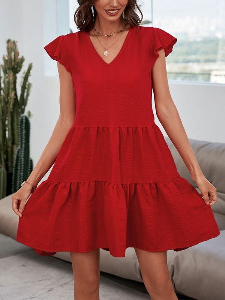 

ruffle hem butterfly sleeve smock dress c9wx#, Black;gray