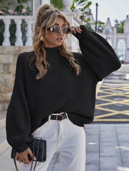 

lantern sleeve chunky knit oversize sweater 67yw#, White;black