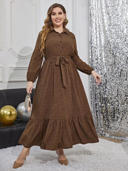 

plus all over print ruffle hem belted shirt dress s7z6#, Black