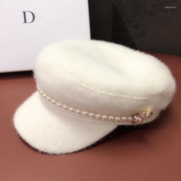 Caps de gorro/crânio 01911-fu-pearl adicione botões de pérolas de cor cáqui no inverno quente peur lady lady hat octogonal feminino visors de lazer Cap delm22