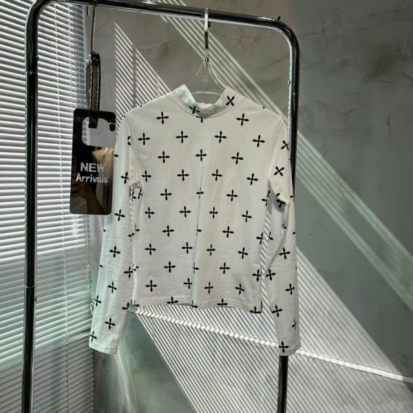 

women's t-shirt designer 2022 early spring new niche brand stand collar cross print bottomed shirt super good-looking thin yzb7, White