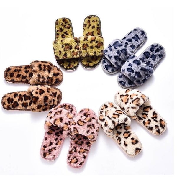 

ins autumn and winter slippers open-toed leopard print cross cotton fur slipper plush shoes size 35-41, Black