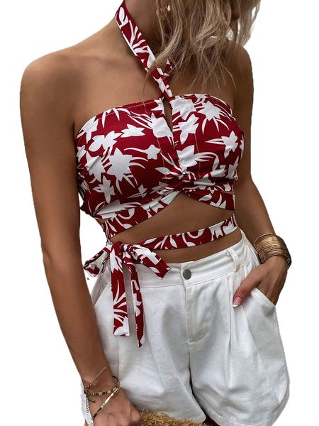 

plants print cut out knot front backless halter k6d0#, White