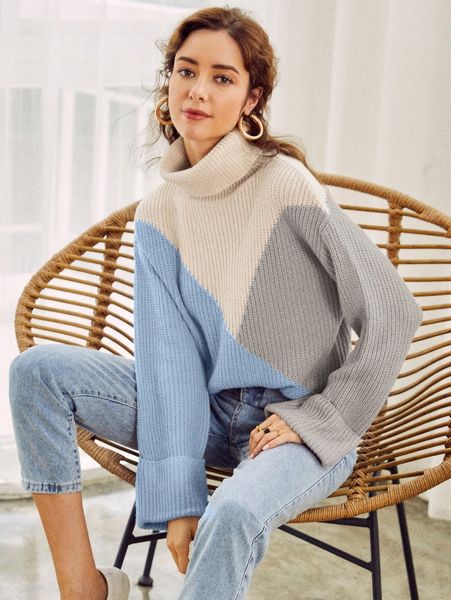 

simplee turtle neck color block sweater f0ps#, White;black