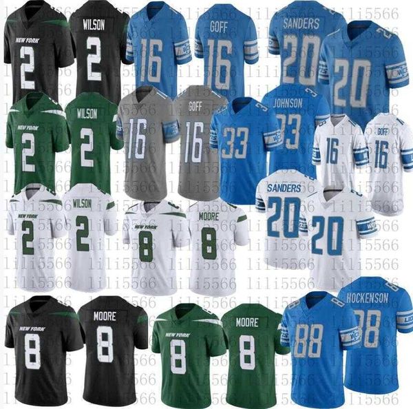 

men 2 zach wilson football jersey 20 barry sanders 16 jared goff 88 t.j. hockenson 8 elijah moore jerseys stitched, Black