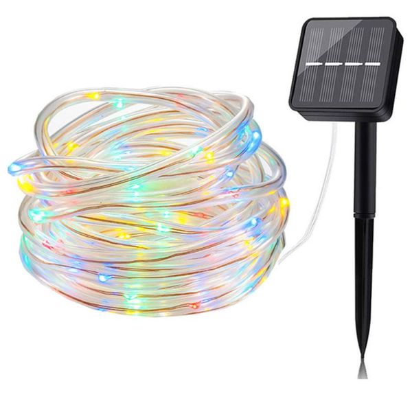 Stringhe LED Corda solare String Lights Outdoor 12M 100 Luce fata alimentata impermeabile con 8 modalità Giardino Filo di rame Tubo in PVC LightLED