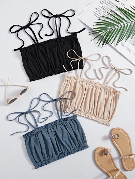 

3pcs ruched frilled tie shoulder cami s0nl#, White