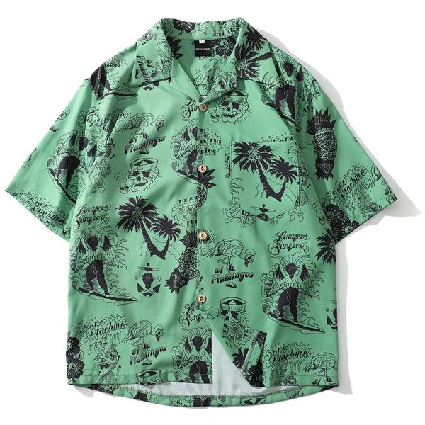 Мужские повседневные рубашки хип -хоп уличная одежда Мужчины Череп полная печать гавайской блуз с коротким рукавом лето -хараджуку готические рубашки на рубашках