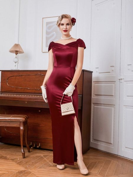 

ruched sweetheart neck split thigh satin formal dress q21v#, Black;gray