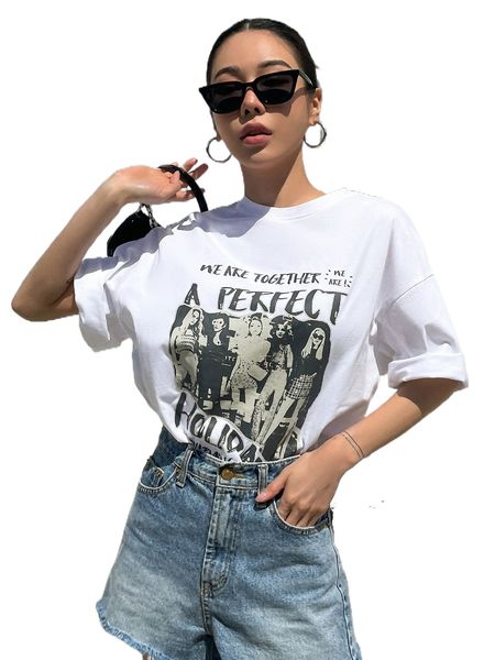 

dazy slogan & figure graphic drop shoulder tee l9je#, White