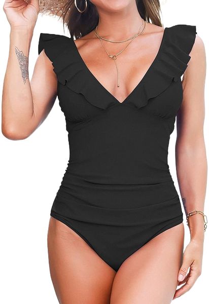 

women's v-neck one piece swimsuit ruffled tummy control bathing suit p1fm#, White;black