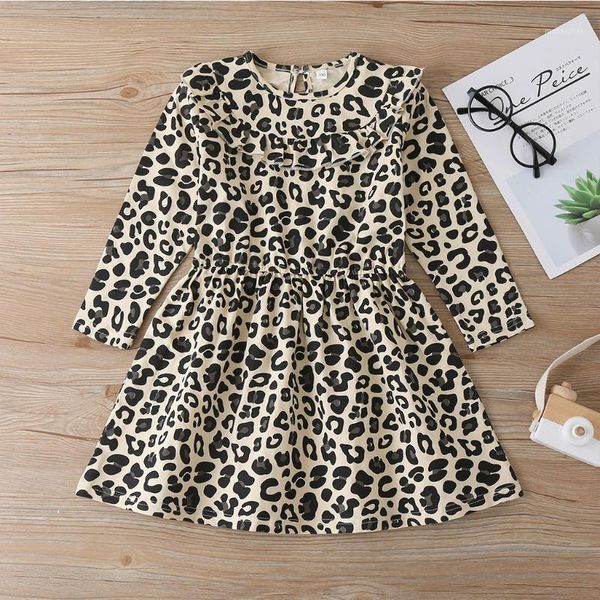 Vestiti da ragazza 2022 Autunno Inverno Bambino Abbigliamento per bambini Neonate Vestito casual con volant a maniche lunghe con stampa leopardata