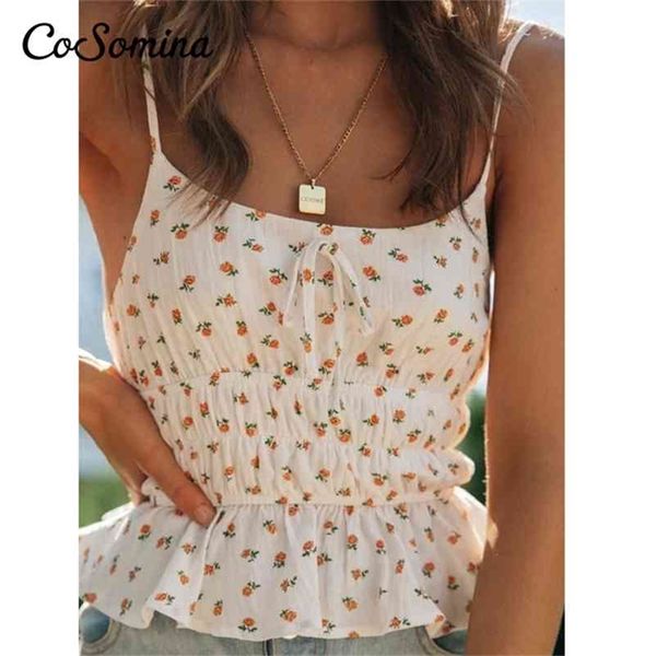 

cosomina spaghetti strap floral print cami summer women ruffled elastic high waist female ladies party 210401, White