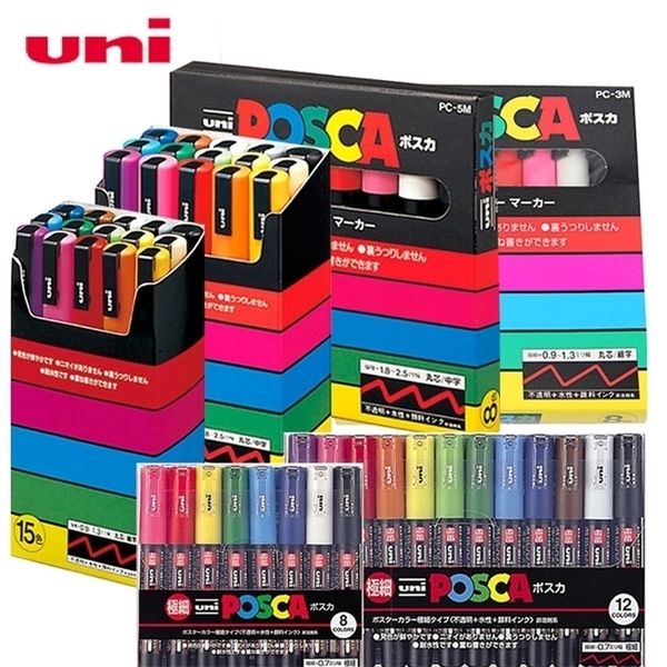 UNI POSCA Marker Pen PC-1M PC-3M PC-5M Set POP Poster Werbestift Lackstift Comic Malerei Runder Kopf Wasser Art Marker 210226