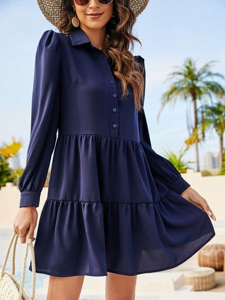 

puff sleeve half button ruffle hem shirt dress a8tx#, Black;gray