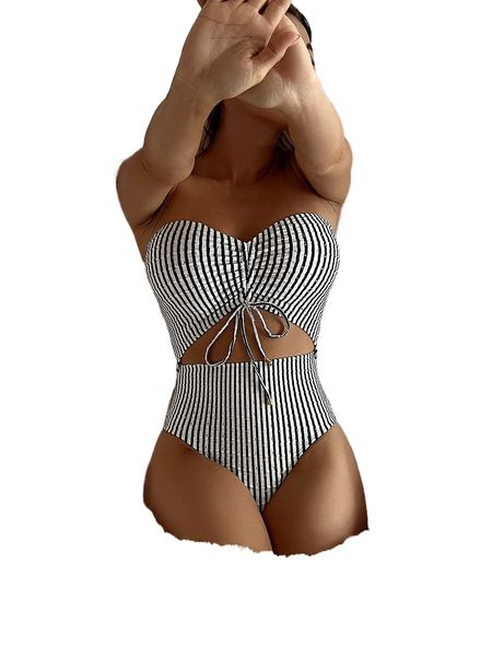 

striped cut-out bandeau one piece swimsuit 64bb#, White;black