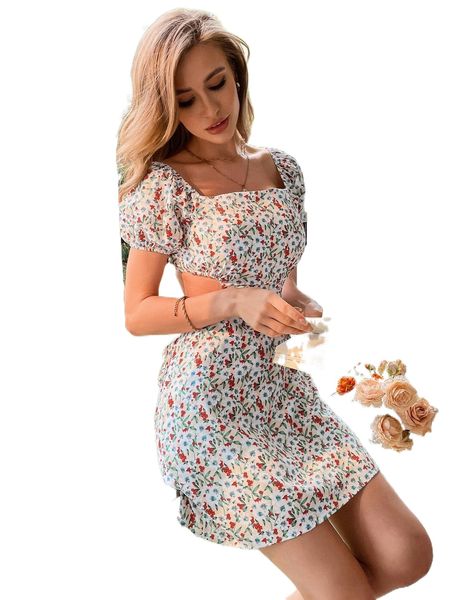 

allover floral print puff sleeve square neck tie backless dress o0ij#, Black;gray
