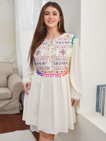 

plus floral embroidered pompom trim tie neck lantern sleeve dress 79be#, Black
