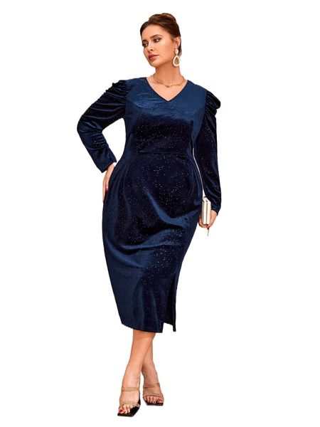 

plus puff sleeve split thigh velvet dress 24t2#, Black