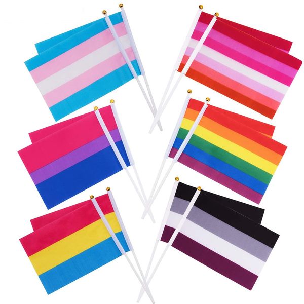 14 x 21 cm große LGBT-Flagge für Lesben und Gay Pride, farbenfroher Regenbogen-Heimdekor, freundlicher Stock mit Fahnenmast, 12,7 x 20,3 cm, handschwenkendes Banner, Haltegriff mit goldener Oberseite