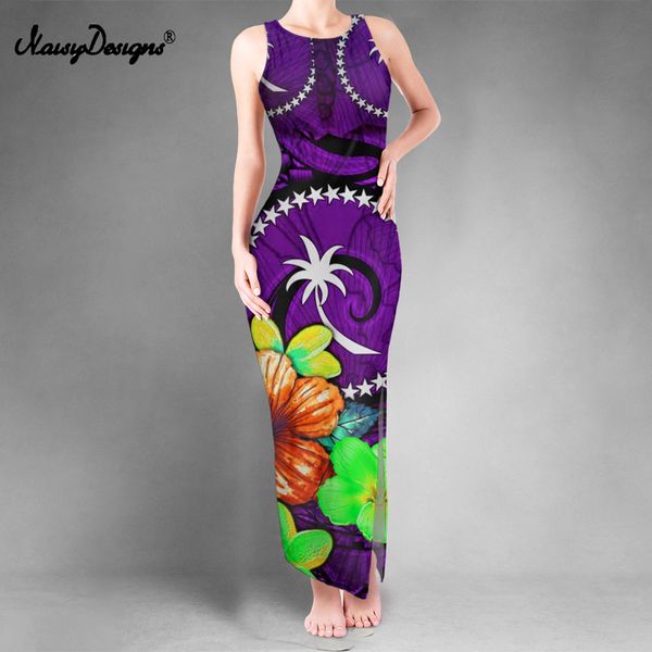 Noisydesigns Mulheres Tribal Havaiana Impressão Sexy Vestido Redondo Pescoço Bodycon Dupla Fenda Colete Boho Roxo Roupas Góticas Ropa Mujer 220627