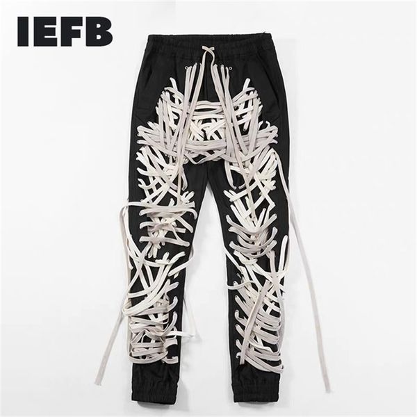 

iefb /men's wear high street patchwork strings bandage male's trouser high waist casual slim pants streetwear fashion 210318, Blue