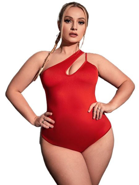 

plus one shoulder cut out bodysuit y1af#, Black