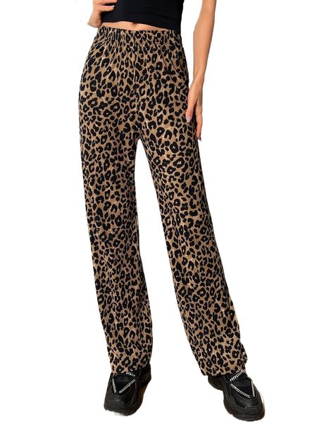 

meysi kim leopard print straight leg pants g9lv#, Black;white