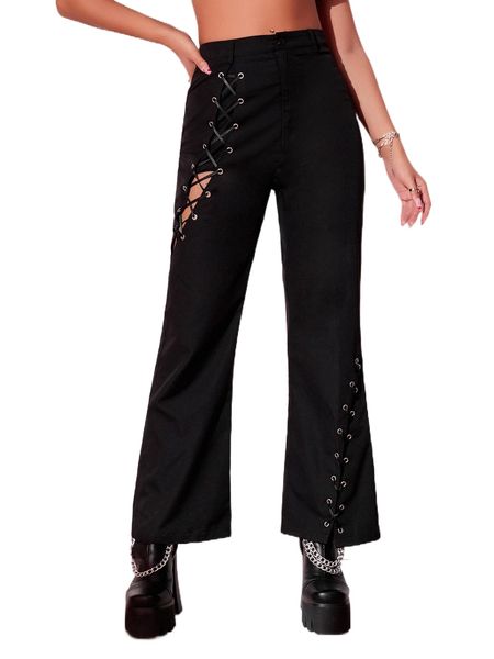 

high waist grommet lace up flare leg pants o15k#, Black;white