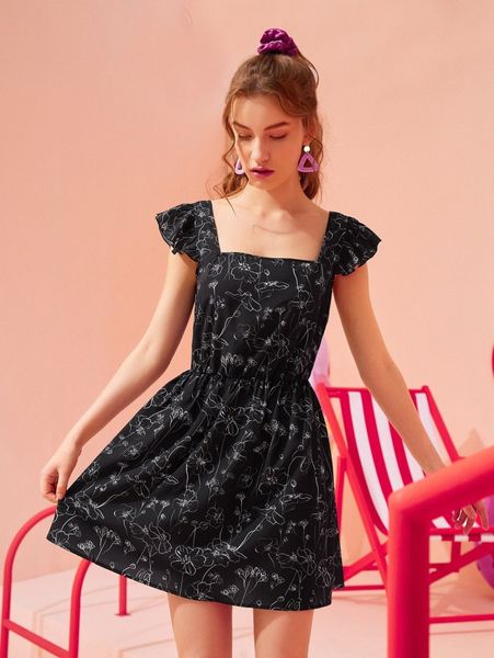 

x anis illustration allover floral print butterfly sleeve dress e8sw#, Black;gray