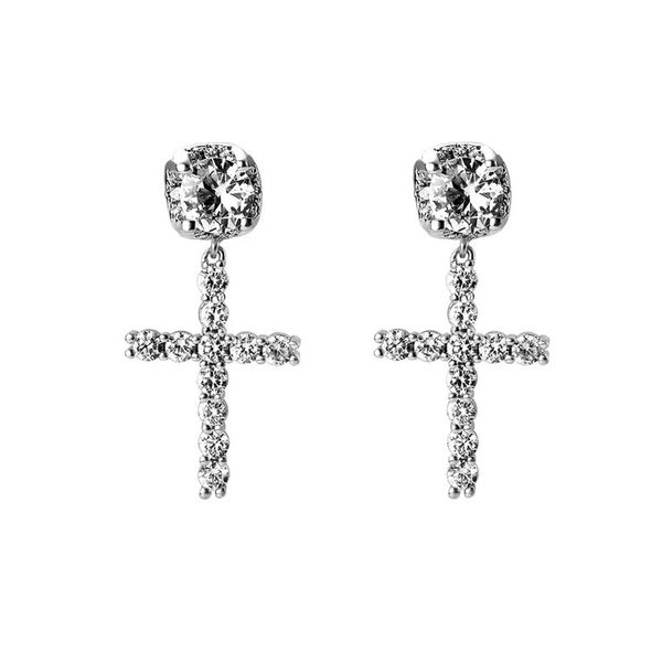 

cross dangle earring for women with iced out cz stone drop earring studs vintage hip hop wedding party fashion jewelry birthday gifts, Silver