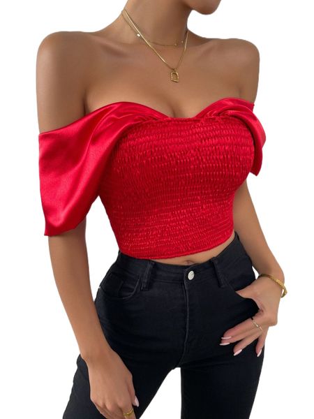 

off shoulder shirred satin blouse t6dn#, White